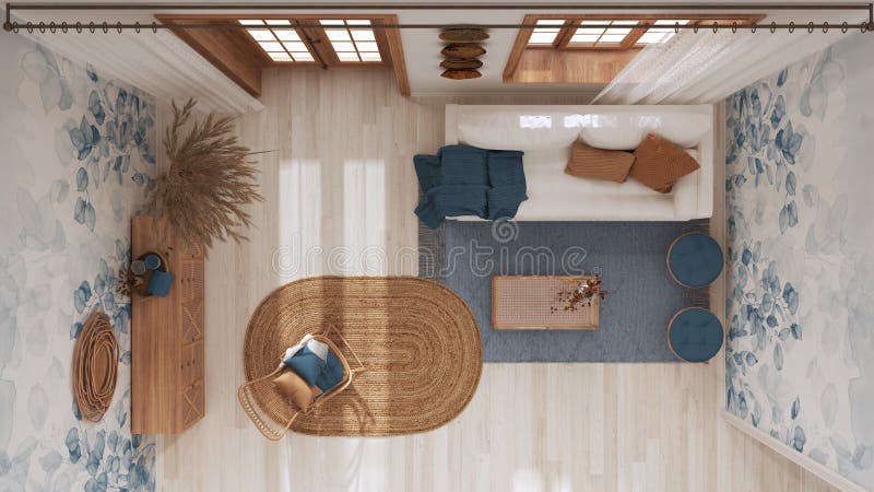 Farmhouse Wooden Living Room in Blue and White Tones, Sofa, Rattan Chest of  Drawers, Jute Carpet and Decors. Boho Chic Interior Stock Illustration -  Illustration of design, color: 254555102