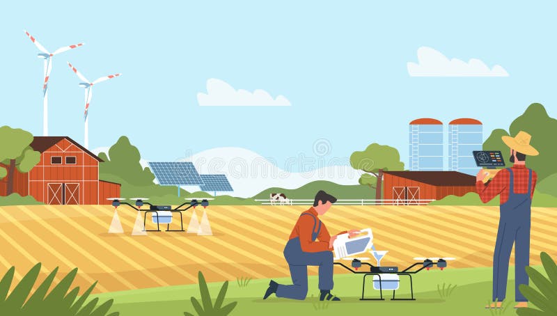 Farming with drone. Farm management from tablet, fields irrigation using drones, smart agriculture, alternative energy vector illustration