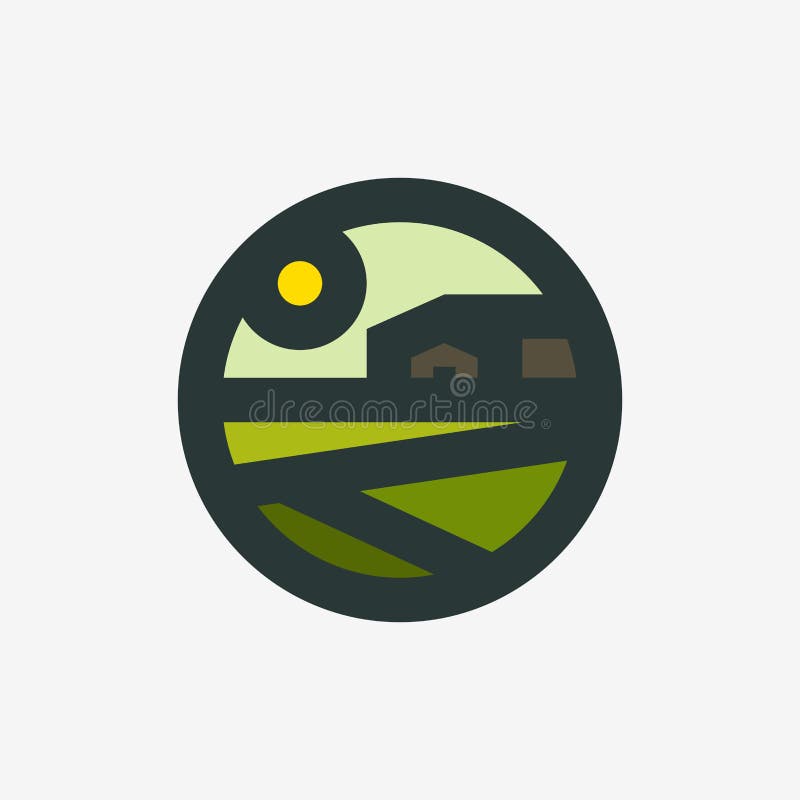 Farming vintage logo mark template or icon of rural landscape with agricultural field and farm barn