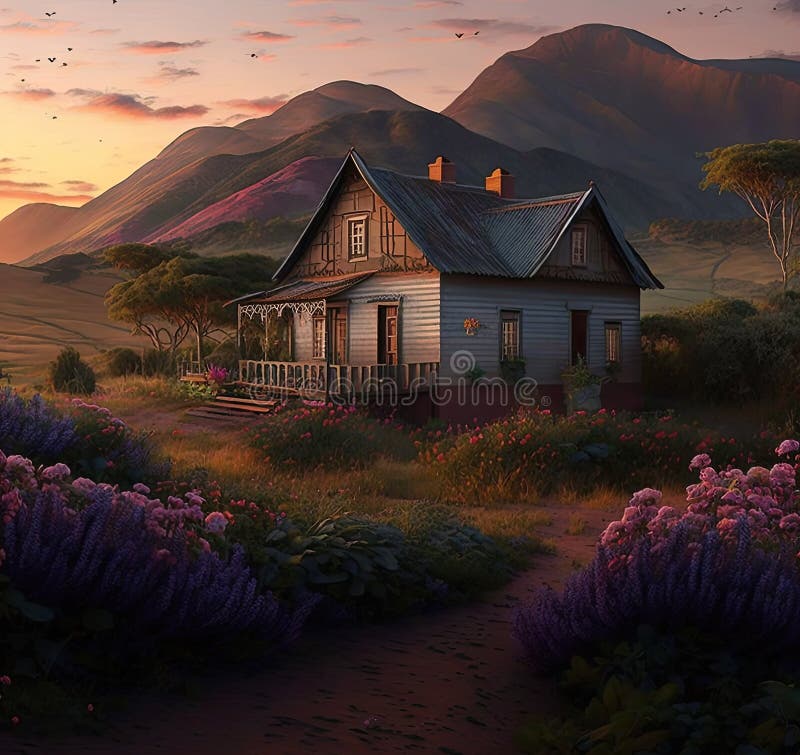 Farms and Fields at Sunset, with Animals and Mountains, Generative AI