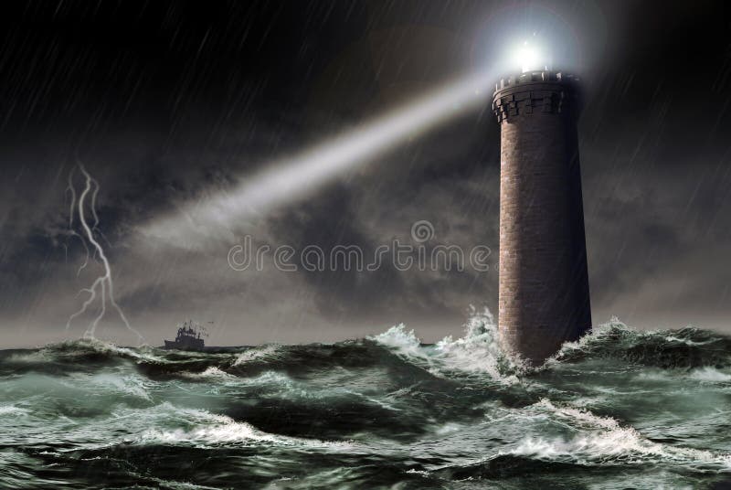 A lighthouse tower projects its light through the storm, as a fishing boat tries to join the coast. A lighthouse tower projects its light through the storm, as a fishing boat tries to join the coast.