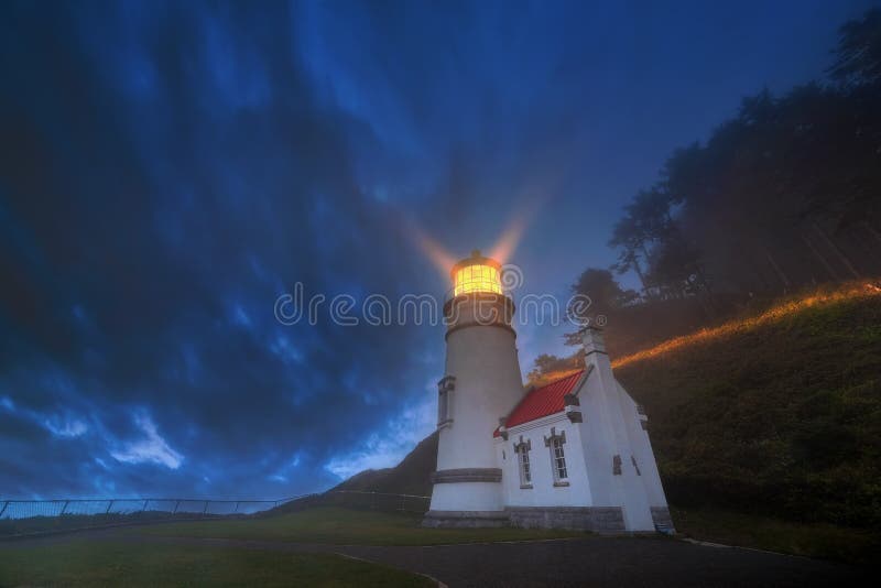 Heceta Head Lighthouse Devils Elbow State Park at Oregon Coast during Evening Blue Hour. Heceta Head Lighthouse Devils Elbow State Park at Oregon Coast during Evening Blue Hour