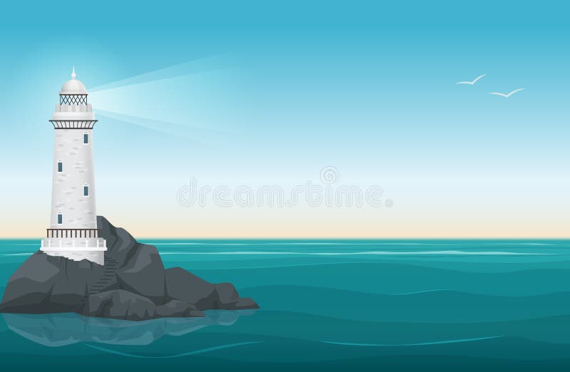 Faro sul paesaggio dell'isola delle pietre della roccia Costruzione del segnale di navigazione nell'oceano Illustrazione di vetto