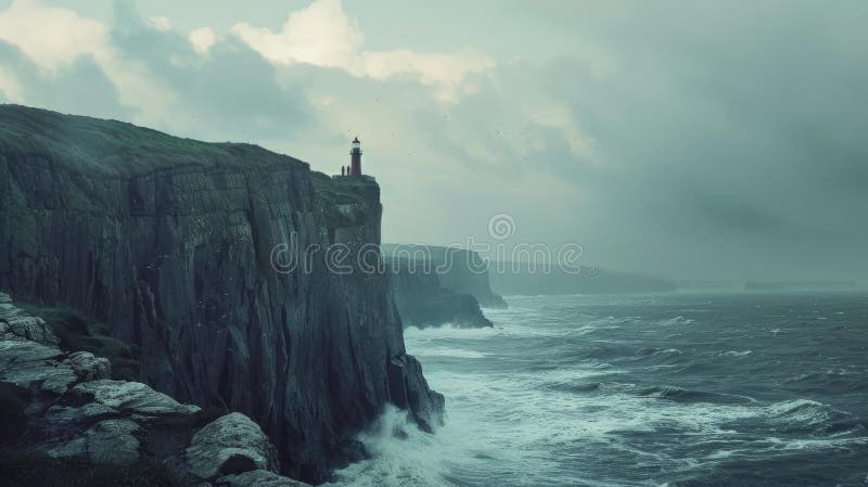 A lighthouse stands on a cliff above the ocean on a cloudy day, with water below, cumulus clouds in the sky, and wind waves on the horizon AIG50 AI generated. A lighthouse stands on a cliff above the ocean on a cloudy day, with water below, cumulus clouds in the sky, and wind waves on the horizon AIG50 AI generated