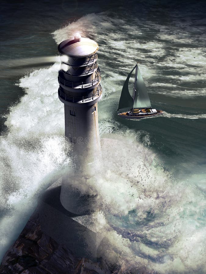 Aerial view close to a lighthouse tower projecting its light over the ocean, as a sailboat approaches. Vertical image. Aerial view close to a lighthouse tower projecting its light over the ocean, as a sailboat approaches. Vertical image.