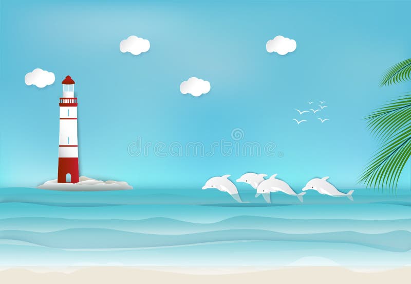 Faro y delfín en el estilo del arte del documento de información del mar libre illustration Faro y delfín en el estilo del arte del documento de información del mar libre illustration
