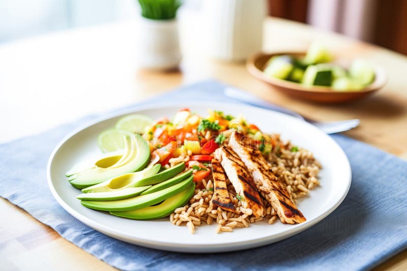 Farro με ψητές λωρίδες κοτόπουλου και φέτες avocado απεικόνιση αποθεμάτων