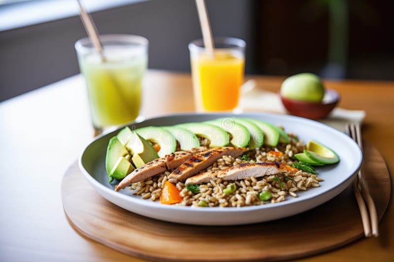 Farro με ψητές λωρίδες κοτόπουλου και φέτες avocado στοκ φωτογραφία με δικαίωμα ελεύθερης χρήσης