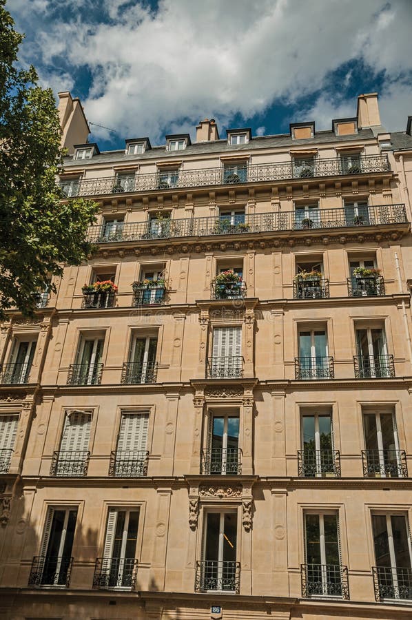 Fasad av byggnad med balkongen och det lövrika trädet i Paris arkivfoto Fasad av byggnad med balkongen och det lövrika trädet i Paris arkivfoto
