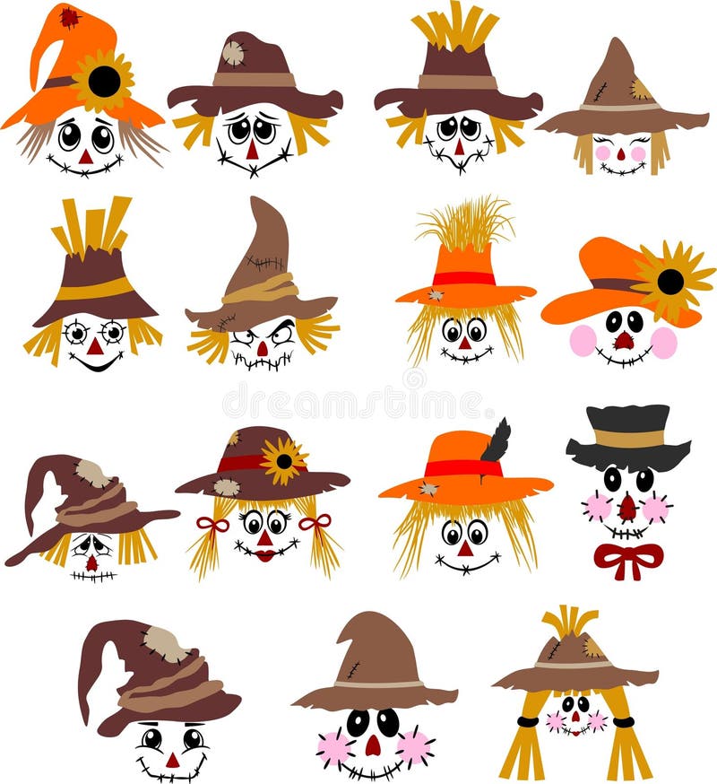 Fasci di visi di spaventapasseri di alloween e cricca di vettori di ringraziamento. testa di un cartoncino spaventapasseri in capp illustrazione vettoriale