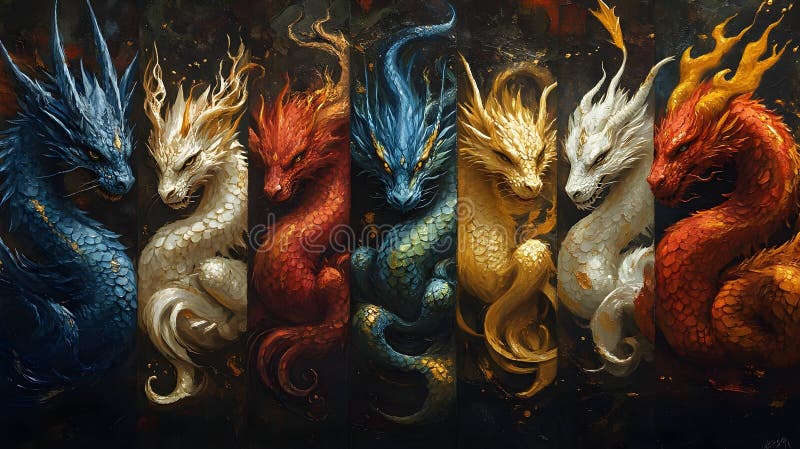 Fascinant digital care descrie un grup de dragoni mistici care respiră în flăcări, eliberându-și furia elementară într-un captivan vector illustration