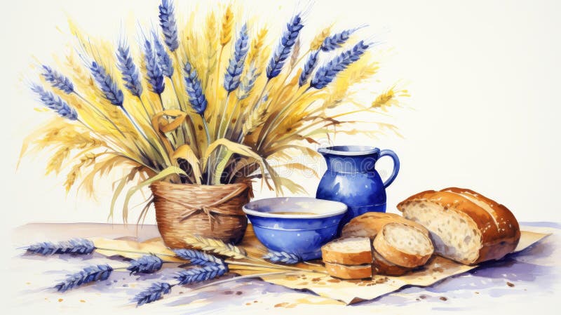 Fascio di orecchie di frumento e pane sulla pittura rustica per l'olio da tavola illustrazione vettoriale