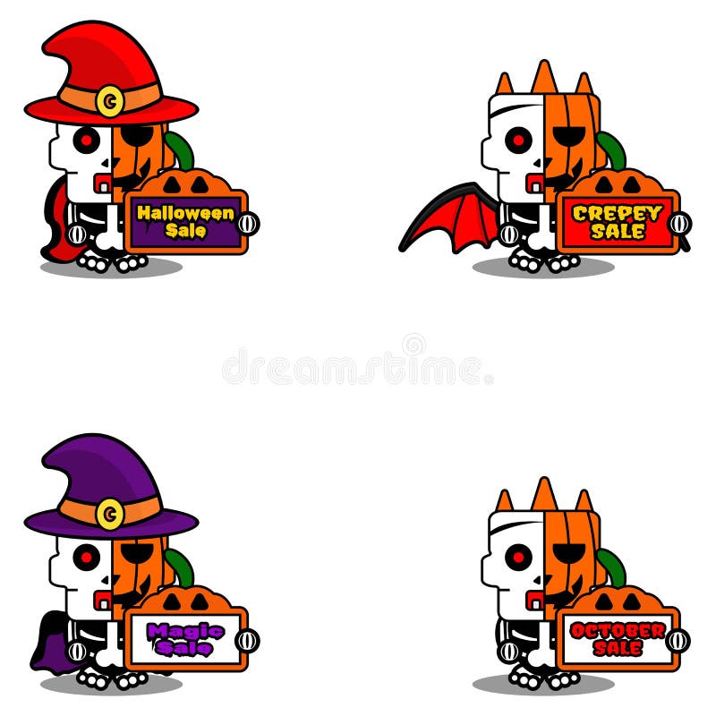 Fascio di ossa di una mascotte di cartone animato di una zucca di zucca di ossa di una zucca, vendita di halloween illustrazione vettoriale