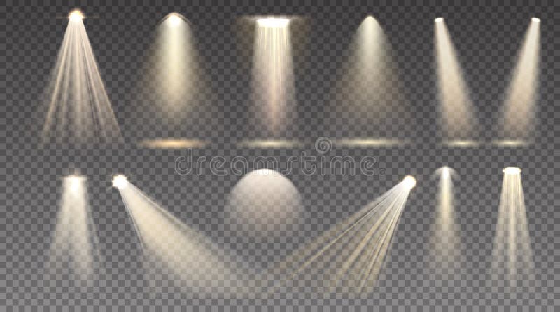 Fascio luminoso. riflettori realistici sulla scena e sul palcoscenico. raggio di proiezione dorato isolato. lampada gialla traspar royalty illustrazione gratis