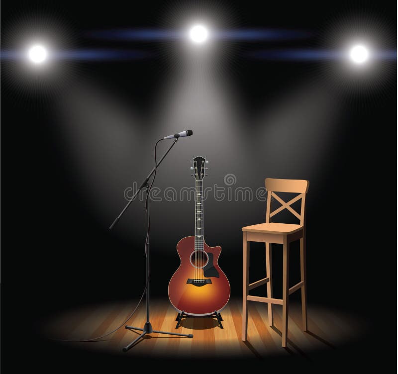 Acoustic stage guitar microphone and bar chair. Acoustic stage guitar microphone and bar chair