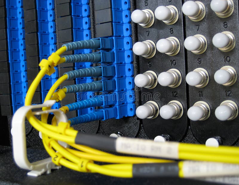 Single Mode fiber optic cable network patch panel connections. Single Mode fiber optic cable network patch panel connections