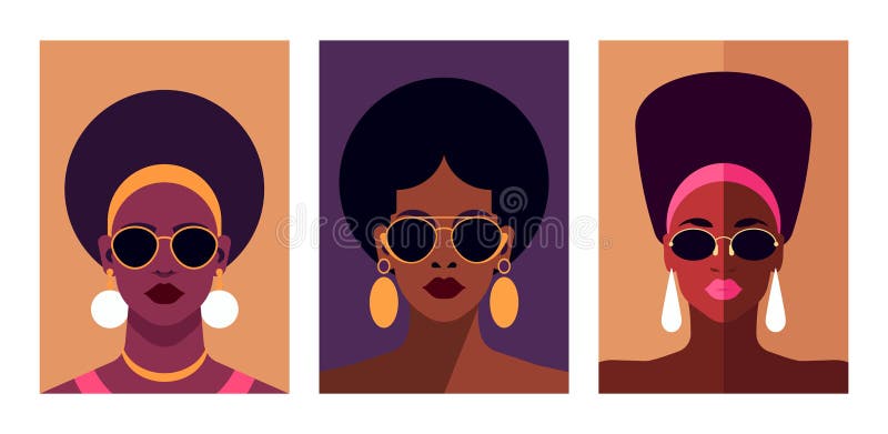 Fashion African black woman pop art poster minimalist paint pastel color set vector flat