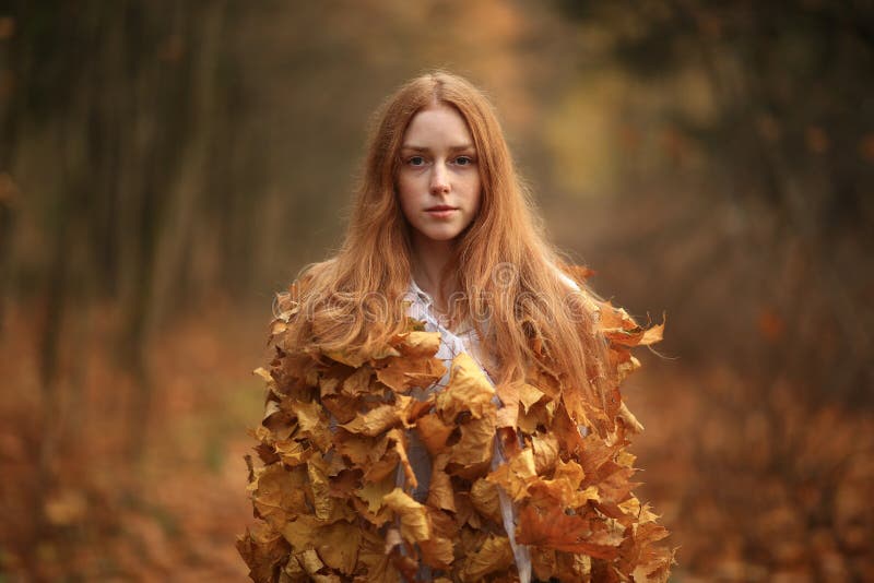 Fashion Autumn Model, Fall Leaves Dress, Beauty Girl Stock Photo ...