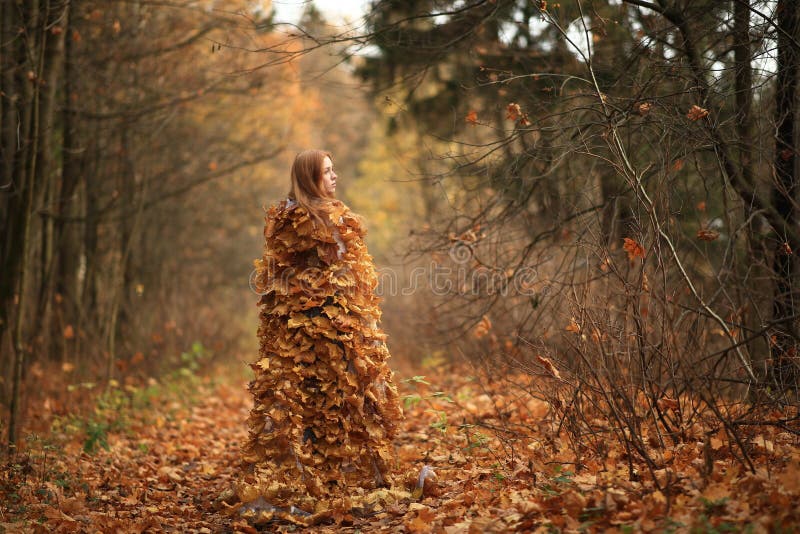 Fashion Autumn Model, Fall Leaves Dress, Beauty Girl Stock Photo ...