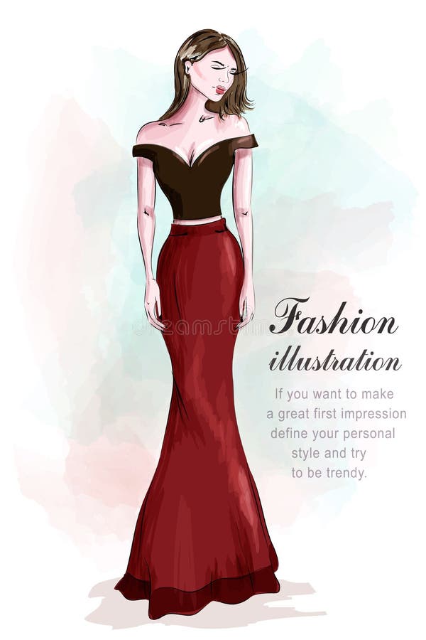 Fashion Beautiful Woman in Romantic Evening Dress. Sketch. Girl in Fashion Clothes: Red Skirt and Black Crop Top Stock Vector - Illustration of dress, character: 90044265 Fashion Beautiful Woman in Romantic Evening Dress. Sketch. Girl in Fashion Clothes: Red Skirt and Black Crop Top Stock Vector - Illustration of dress, character: 90044265
