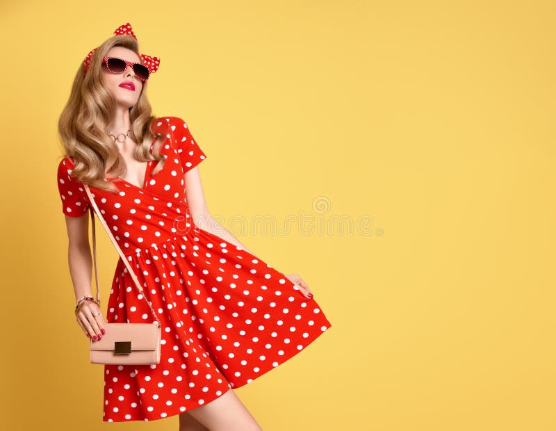 Fashion Blond Girl Red Polka Dots Dress Outfit Stock Photos - Free ...