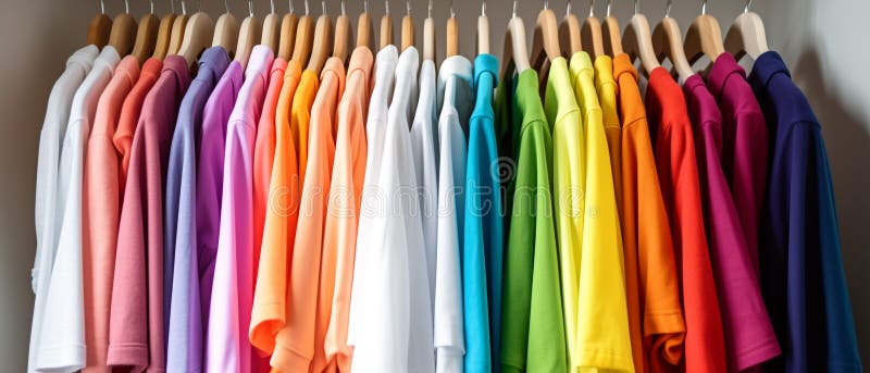 Fashion clothes on clothing rack - bright colorful closet. Closeup