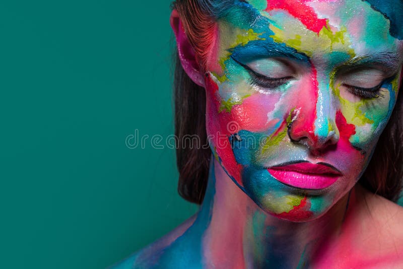 Fashion And Creative Makeup Young Beautiful Woman Abstract Face Art