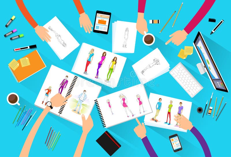 Fashion designer creative team looking models royalty free illustration