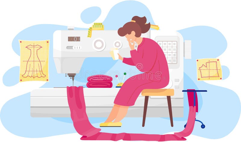 Fashion Designer is Making a Model, Sitting Near the Sewing Machine and  Looking at Clothes Pattern Stock Illustration - Illustration of cartoon,  work: 202869980
