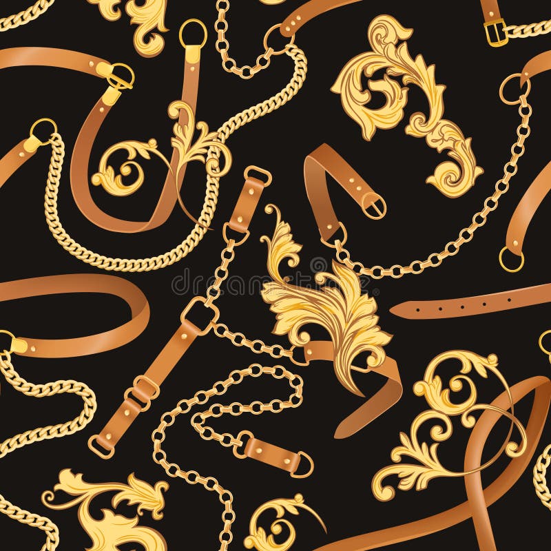 Fashion Fabric Seamless Pattern with Golden Chains, Belts and Straps. Luxury Baroque Background Fashion Design Jewelry Elements