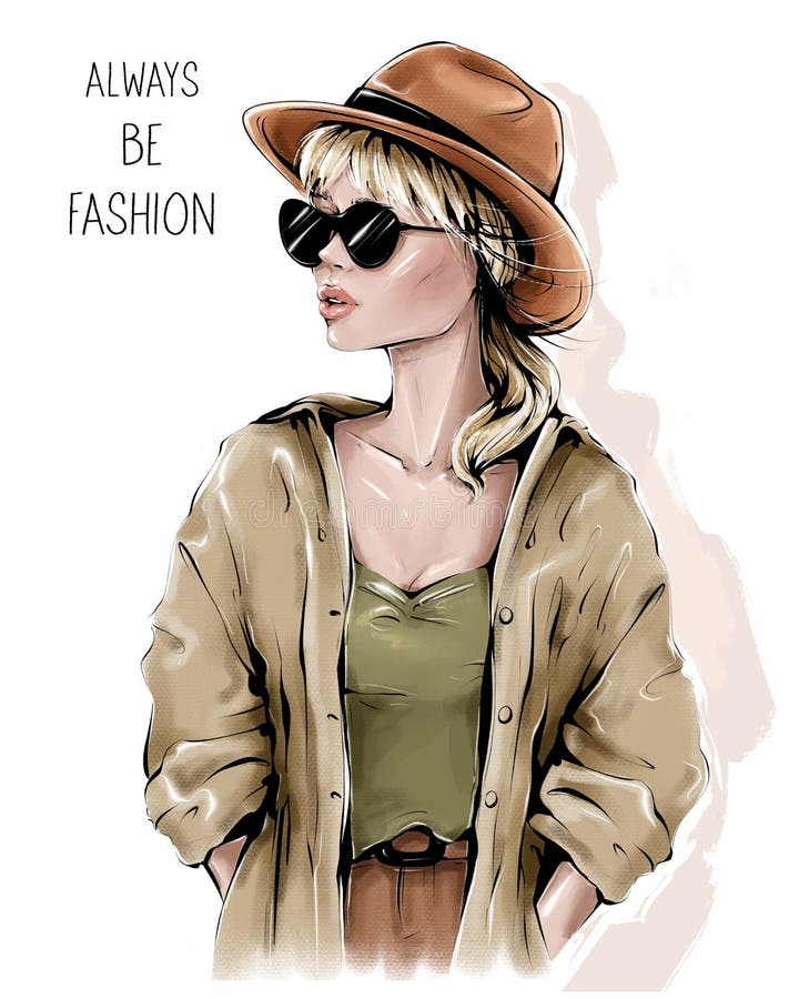 Fashion-flicka i hatt Vacker ung kvinna i solglasögon royaltyfri illustrationer