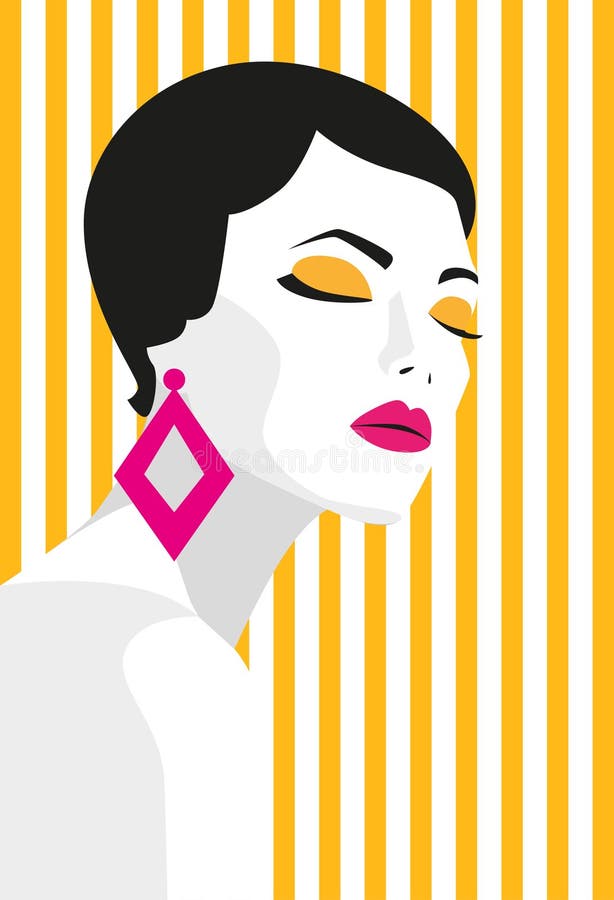 Fashion girl. Bold, minimal style. Pop Art. OpArt, positive negative space and colour. Trendy strips.Vector illustration