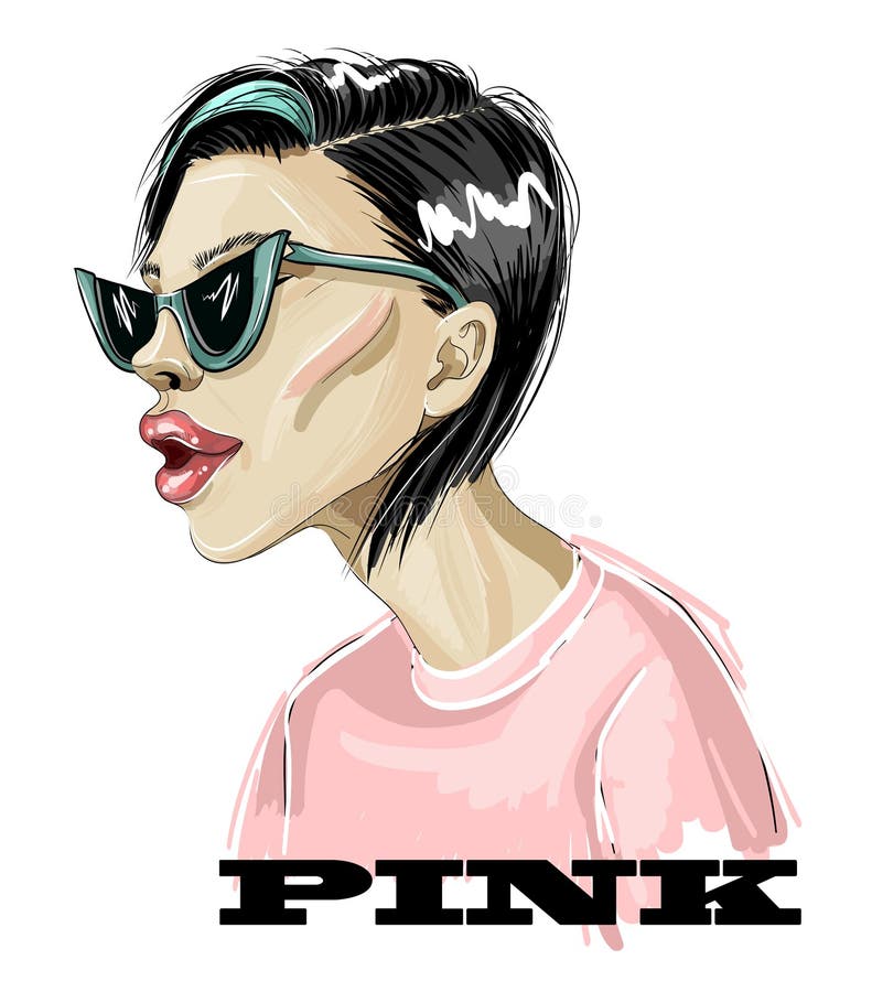 Fashion girl in pink t-shirt and trendy sunglasses. vector illustration.