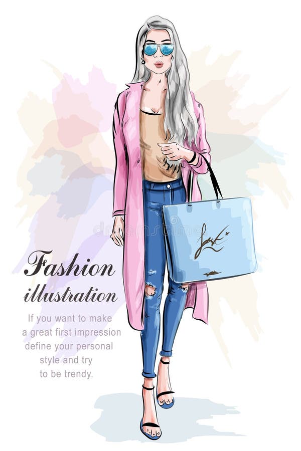 Fashion girl with shopping bag. Fashion set. Stylish woman.