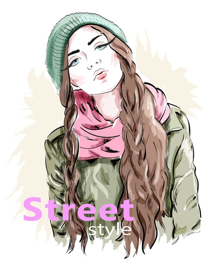 Fashion girl wearing modern knit cap and jacket. Street style clothes. Sketch. royalty free illustration Fashion girl wearing modern knit cap and jacket. Street style clothes. Sketch. royalty free illustration