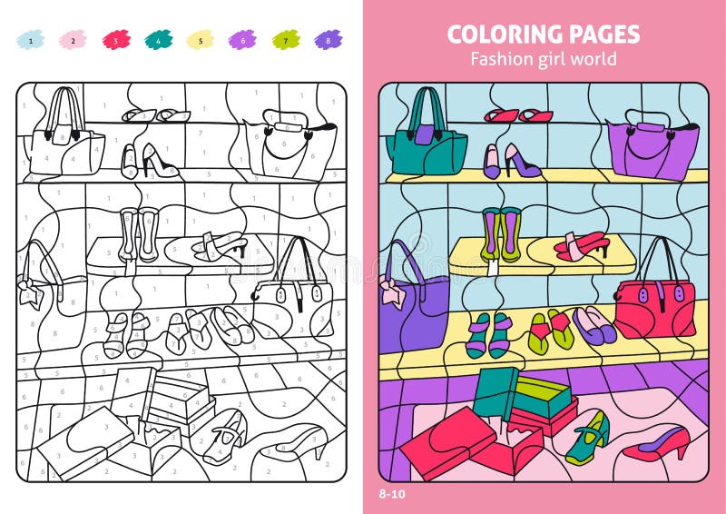 Fashion girl world coloring page for kids, shoes. stock illustration Fashion girl world coloring page for kids, shoes. stock illustration