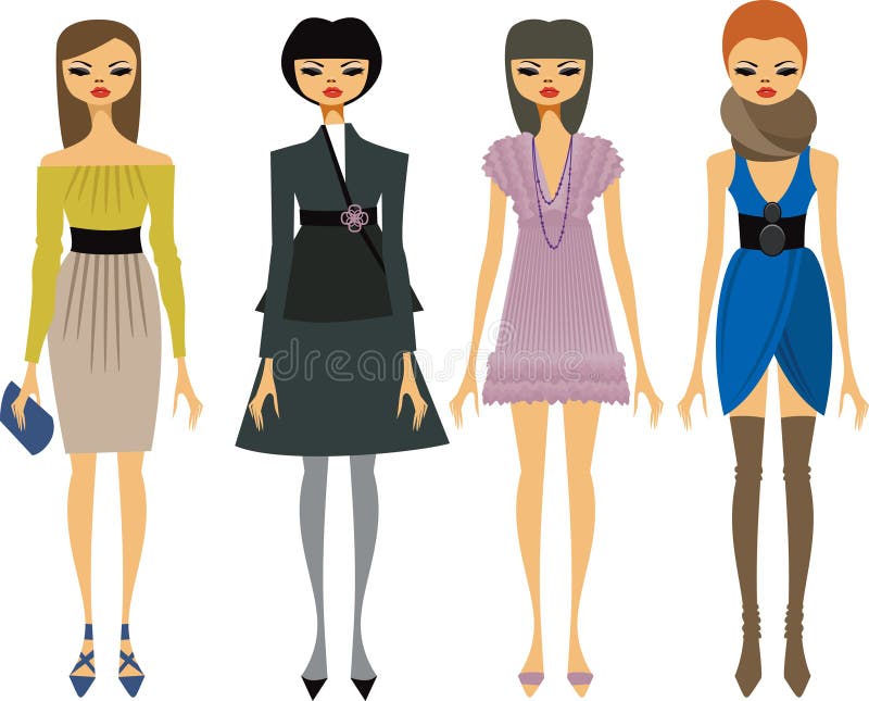 Bundle of pretty women dressed in modern fashionable clothes