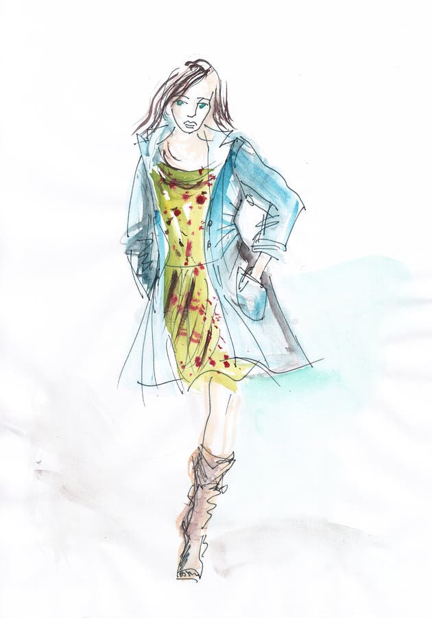 Fashion - hand drawn beautiful woman in summer dress and blue coat. royalty free illustration Fashion - hand drawn beautiful woman in summer dress and blue coat. royalty free illustration