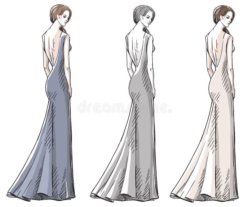 Fashion illustration, sketch model in pink evening dress Stock Vector by  ©Mmini 92813842