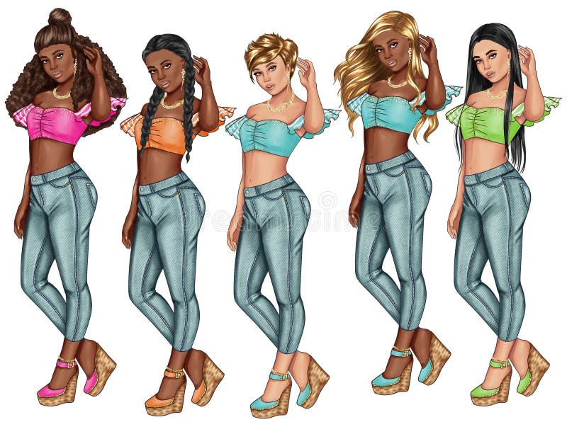 FASHION ILLUSTRATION OF GIRLS IN FASHION CLOTHES AND DENIM JEANS - FASHION ILLUSTRATION - group of young wo