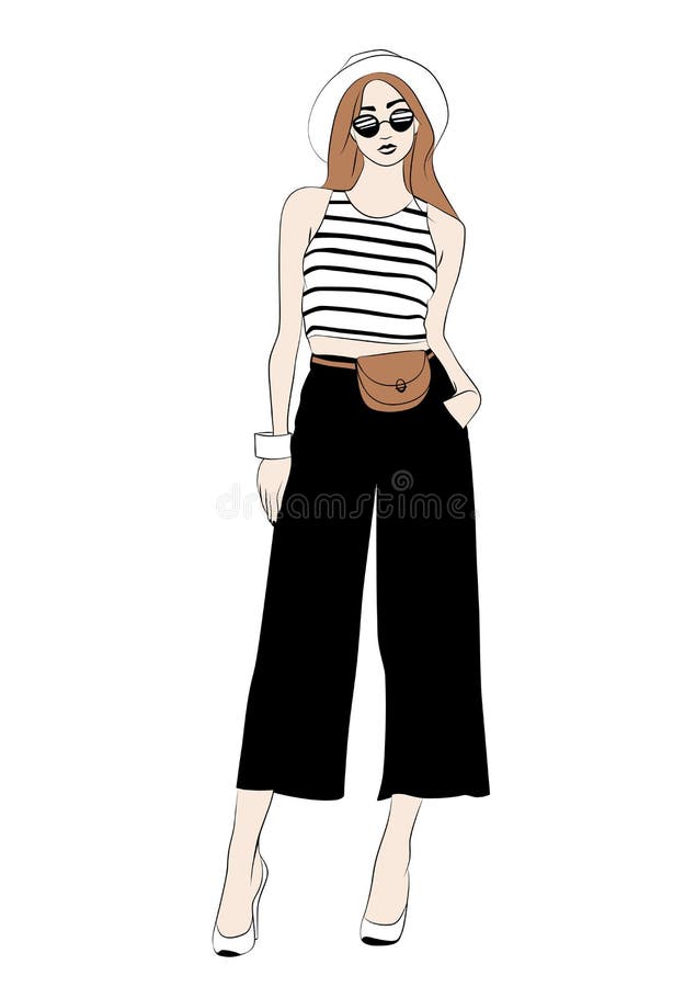 Fashion illustration. Woman wearing panama hat, sun glasses, Tshirt with black stripes, bum bag, wide-leg pants and high heeled shoes. Style icon title. White background. Vector