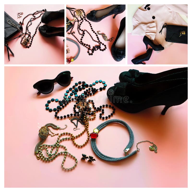 Black Shoes on High Heels and Black Leather Clutch Bag Fashion Pink Leather  Handbag and Summer Stylish Shoes Living Coral Jewelry Stock Photo - Image  of fashion, collage: 162378404