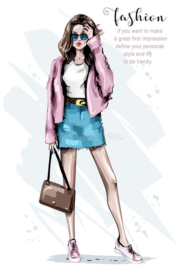 Fashion look. Beautiful young woman with bag. Stylish woman in sunglasses. Sketch.