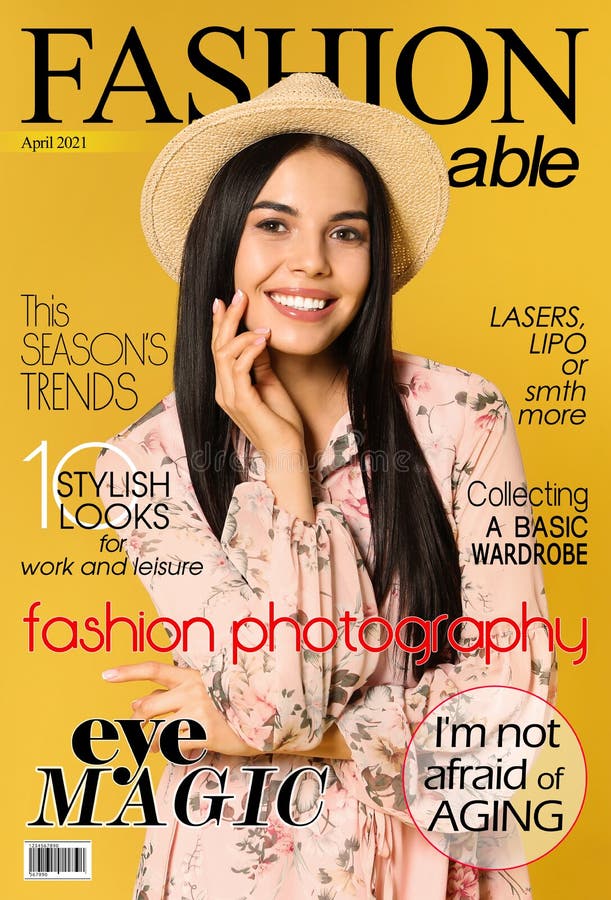 Fashion Magazine Cover Design. Young Woman Wearing Floral Print Dress ...