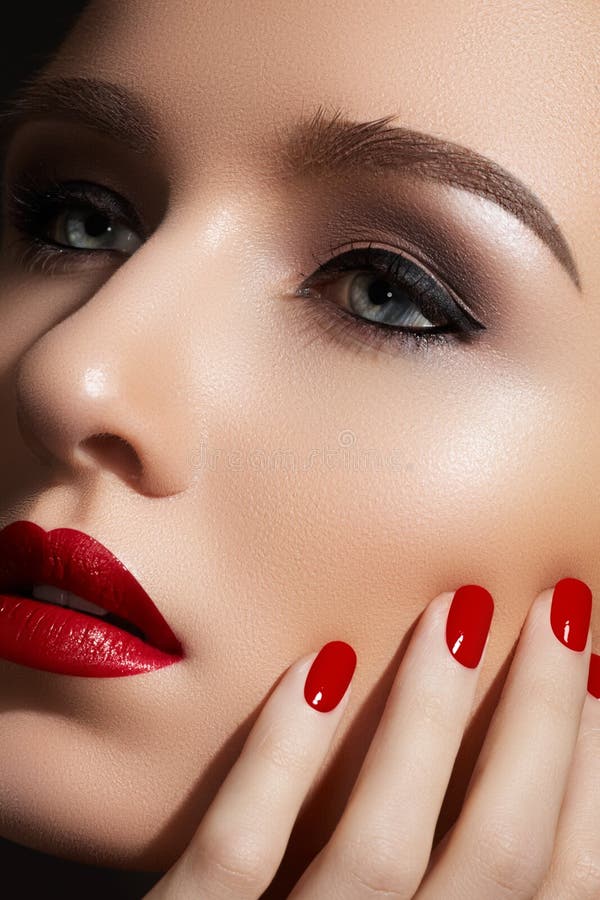 Fashion Make  up  And Manicure Red Lips Nails Stock Photo 