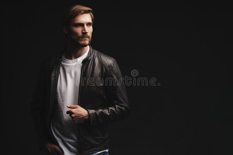 Fashion Man, Handsome Serious Beauty Male Model Portrait Wear Leather  Jacket, Young Guy Over Black Background. Stock Image - Image of hairstyle,  lifestyle: 191101373