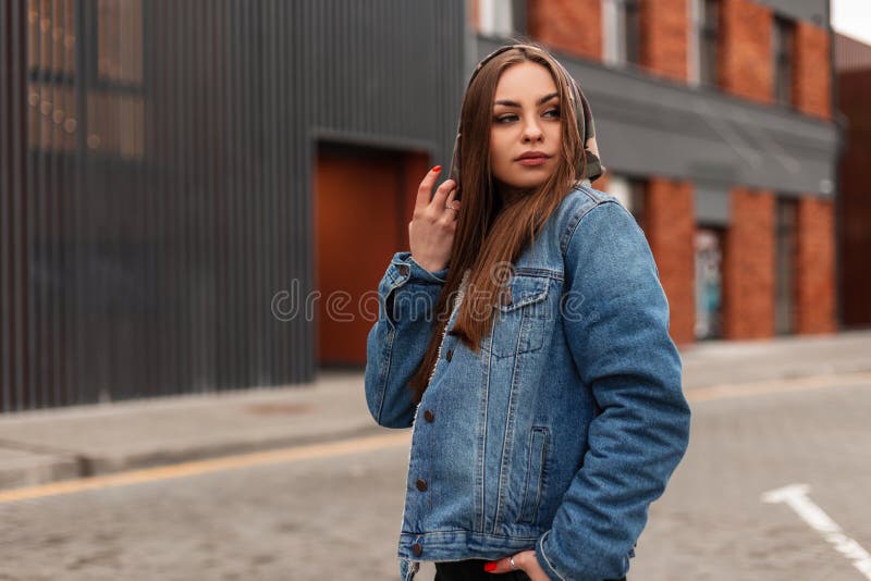 Beautiful Young Woman In Denim Jacket And Jeans Stock Photo Image Of ...