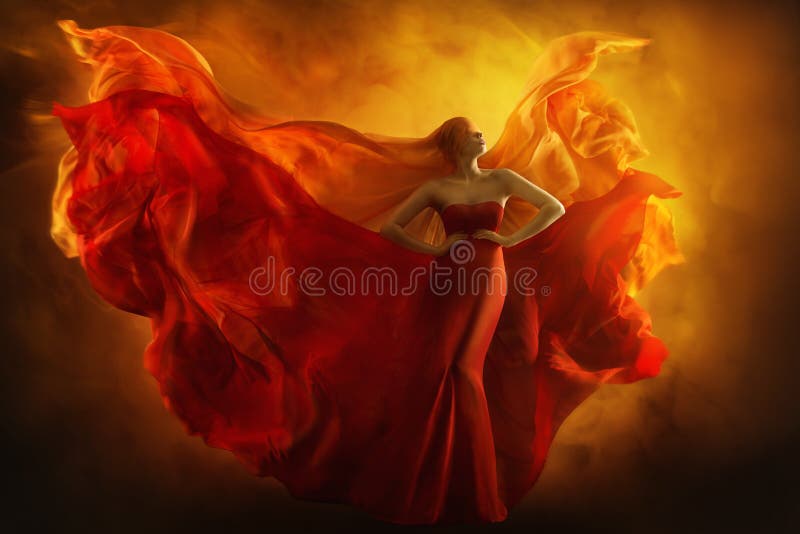 Fashion model art fantasy fire dress, blindfolded woman dreams