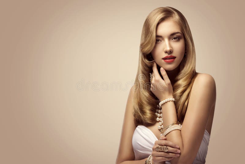 Fashion Model Beauty Portrait, Elegant Woman, Beautiful Makeup Long Golden Hair