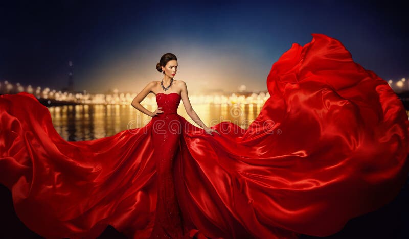 Fashion Model in Fluttering Dress in Night City Street Lights, Elegant Woman in Red Long Gown beauty portrait
